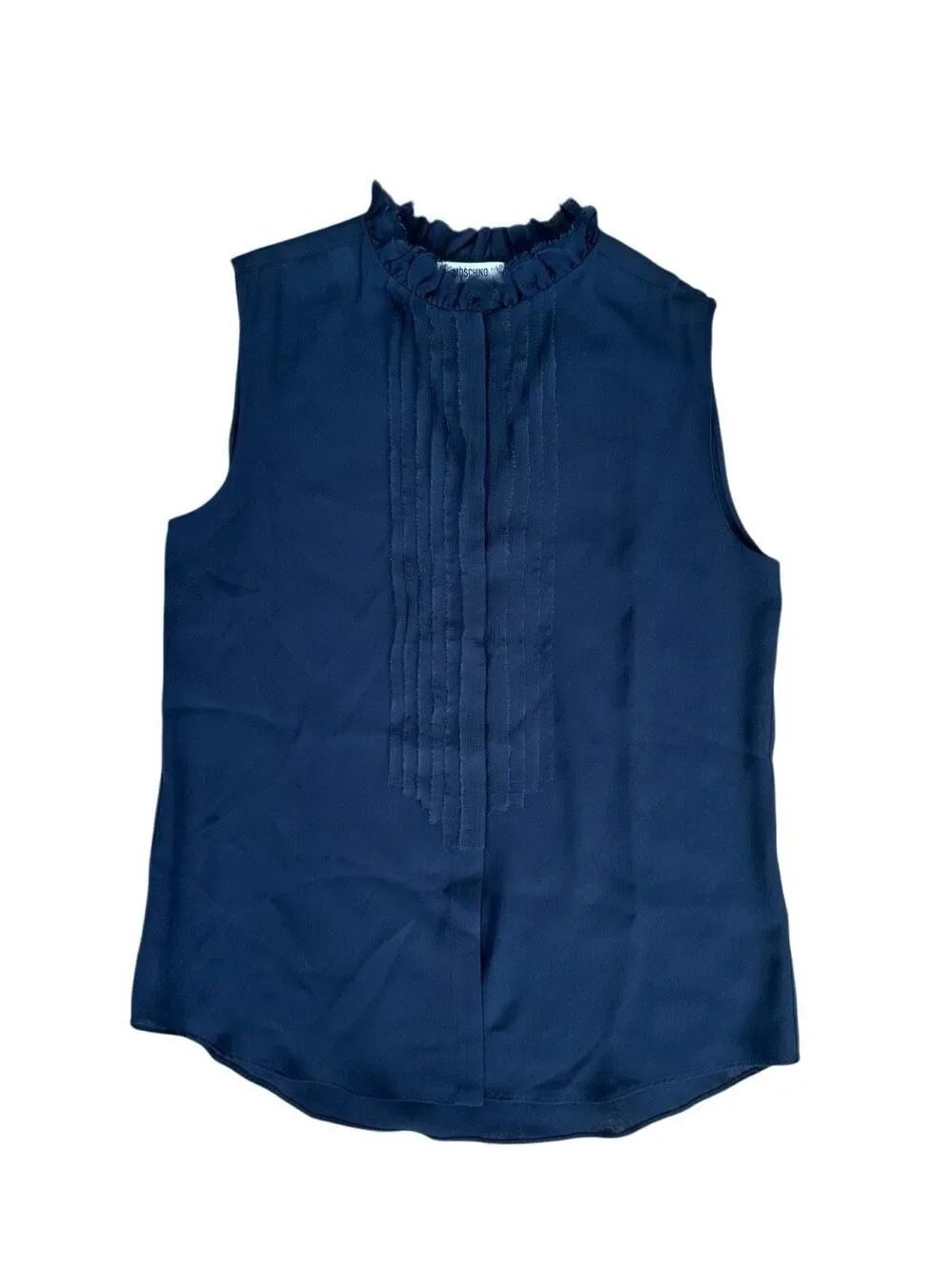 moschino silk ruffle collar sleeveless blouse navy blue ruffle front women’s 8
